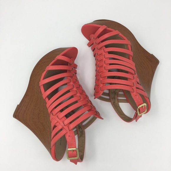 Shoes - Cut Out Strappy Pink Faux Leather Wedge Sandals